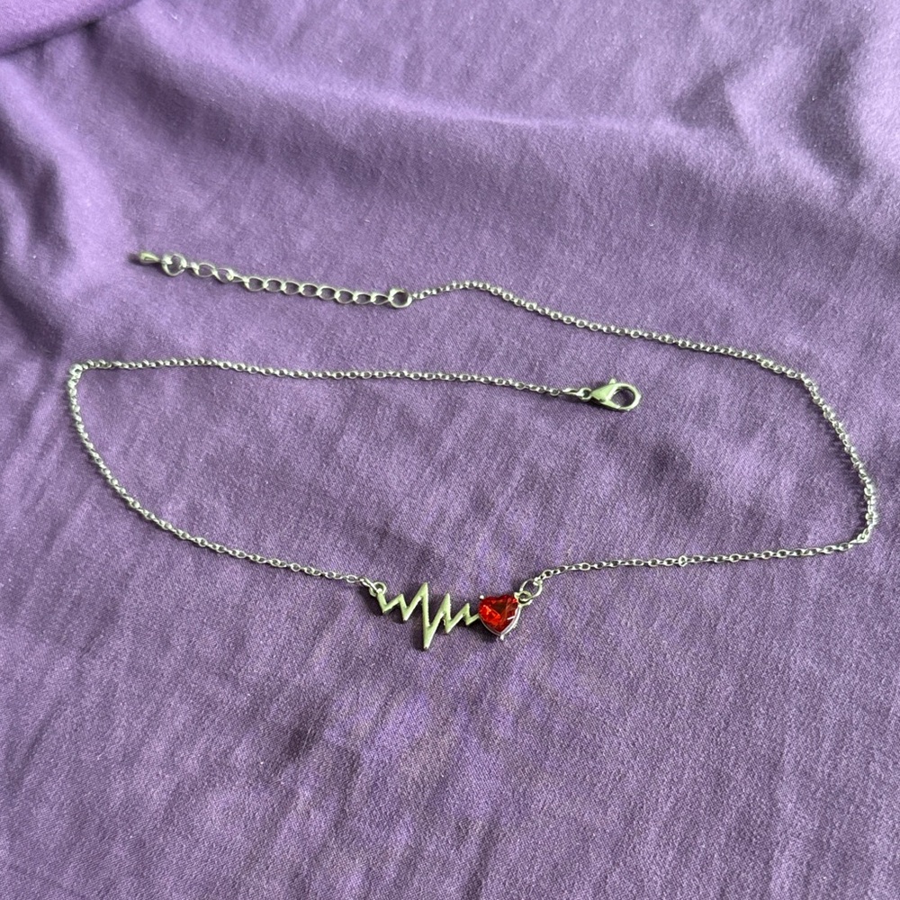 Silver Heartbeat Necklace with Red Heart Charm